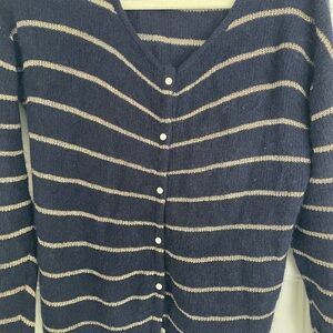 Sezane Navy and Cream Striped Button Cardigan